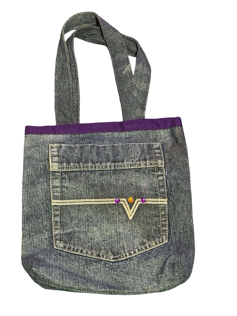 Handmade Upcycled Denim Tote Bag with Purple Lining and Pocket Bedazzles